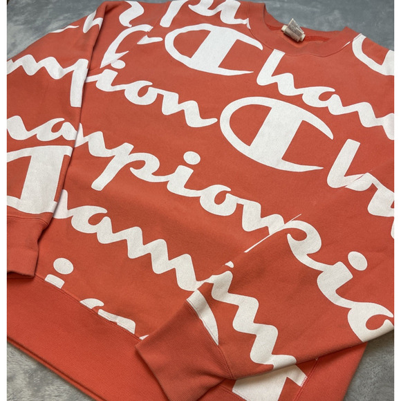 Champion Big AOP Logo Sweatshirt Mens XL Orange Reverse Weave All Over Print - Picture 1 of 9